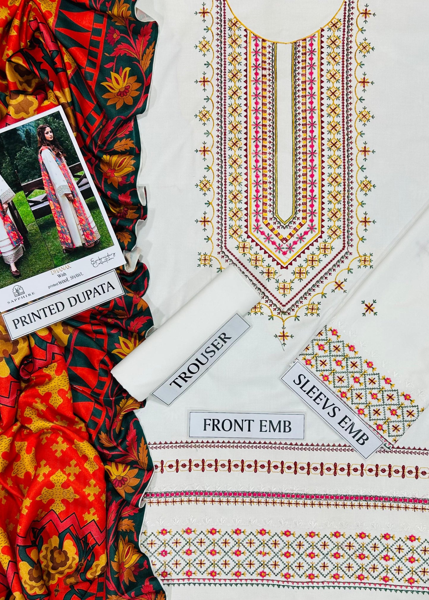 PREMIUM QUALITY DHANAK 3PC EMB SUIT BY SAPPHIRE